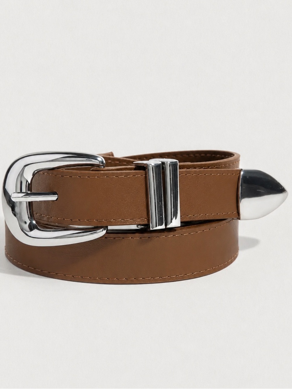 Brown Sleek Silver Buckle Leather Belt